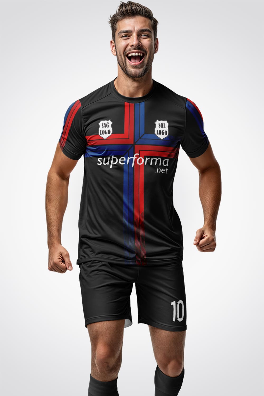 Siyah Kırmızı Mavi Halı Saha Forma - Forma Yap