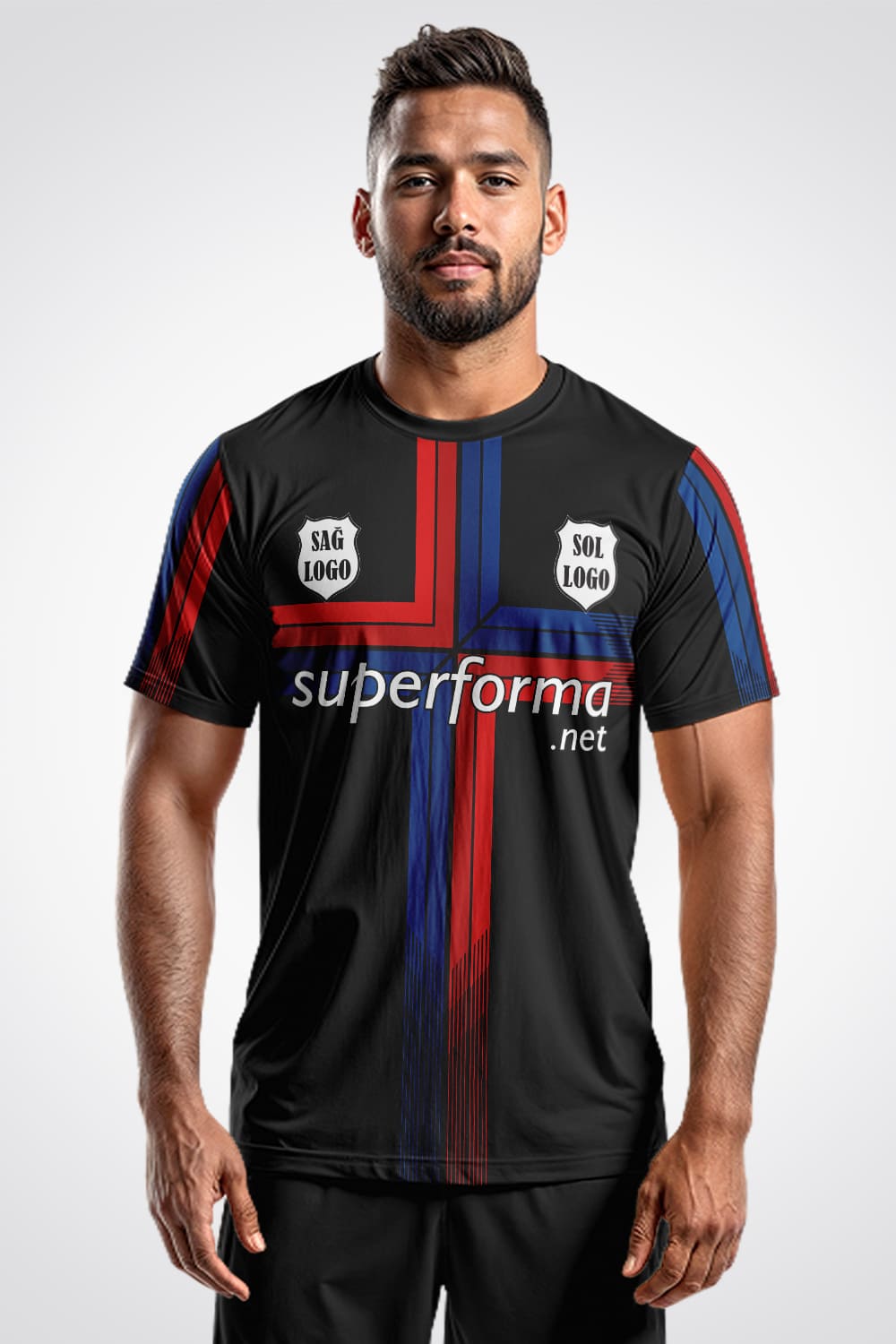 Siyah Kırmızı Mavi Halı Saha Forma - Forma Yap